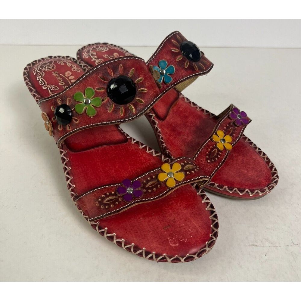 Spring Step Shoes Womens Sz 38 Ambrosia‎ Red Floral Boho Summer Fun Wedge Sandal